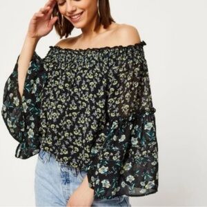 Free People Rose Valley Printed Blouse Black Green Statement Off the Shoulder XS